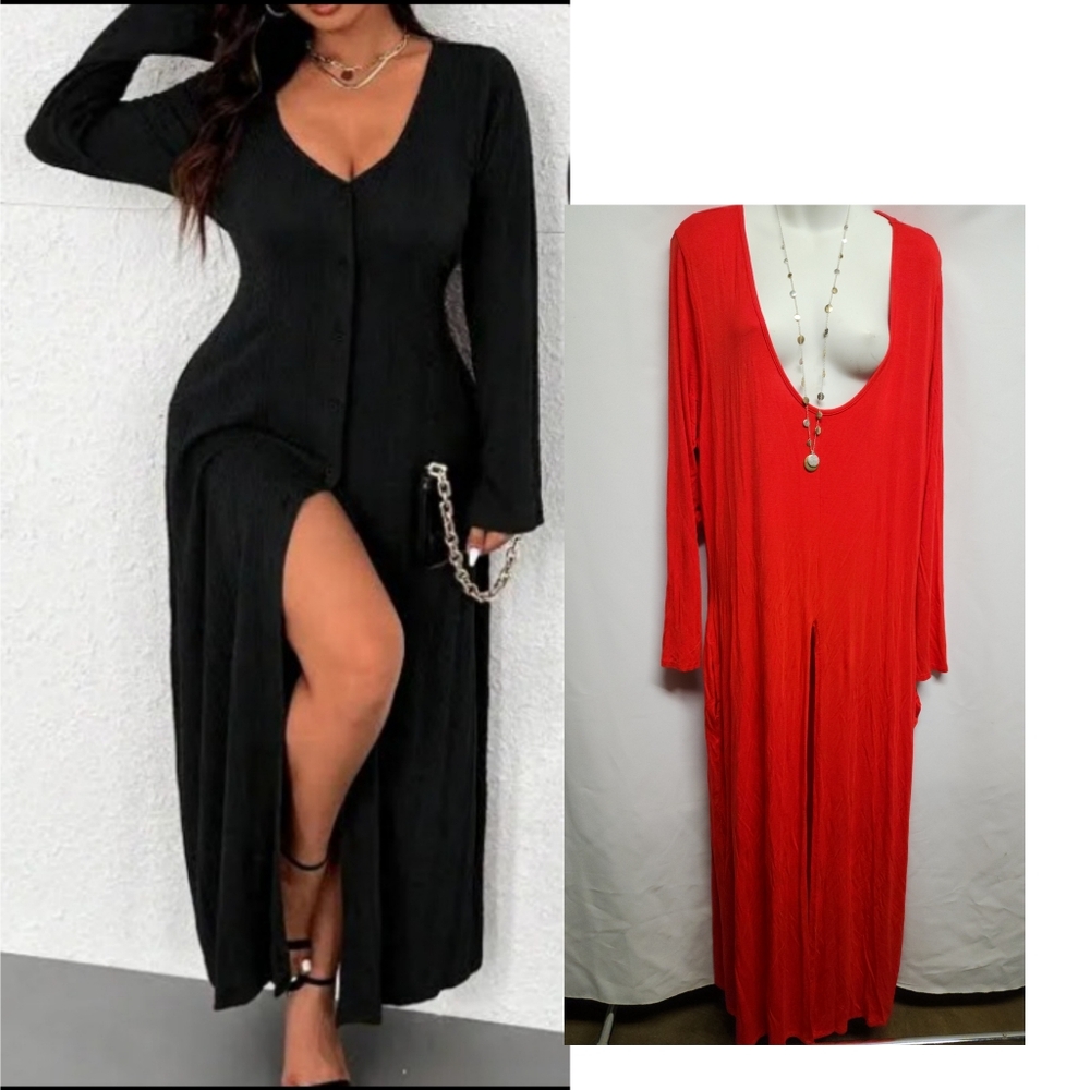 Inner Beauty Maxi Long Sleeve Jersey Dress With Center Slit. Plus Sx 3x. New